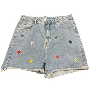 Romwe Womens‎ Large 8/10 Denim Shorts Embroidered Colorful Stars Festival Boho